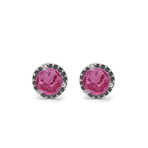 Pair of round stud earrings with pink gemstones on a white background