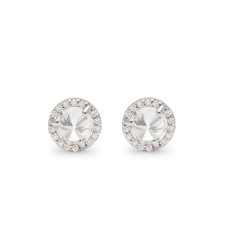 A pair of medium lab white diamond center stone earrings with a halo of white diamonds set in white gold., White Gold