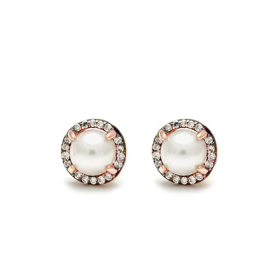 Medium Rosette Stud Earring (PAIR) - 14k Rose Gold, Pearl & White Diamonds