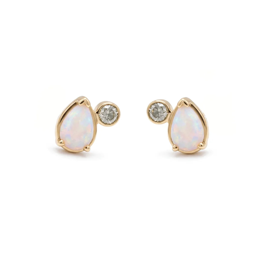 Toi Et Moi Studs (Medium) PAIR - Yellow Gold, Opal & Grey Diamonds