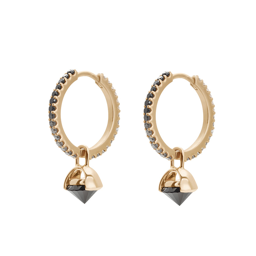 A pair of eternity hoops with ombre of black to grey to white diamonds with a black diamond droplet set in yellow gold both earrings angled.