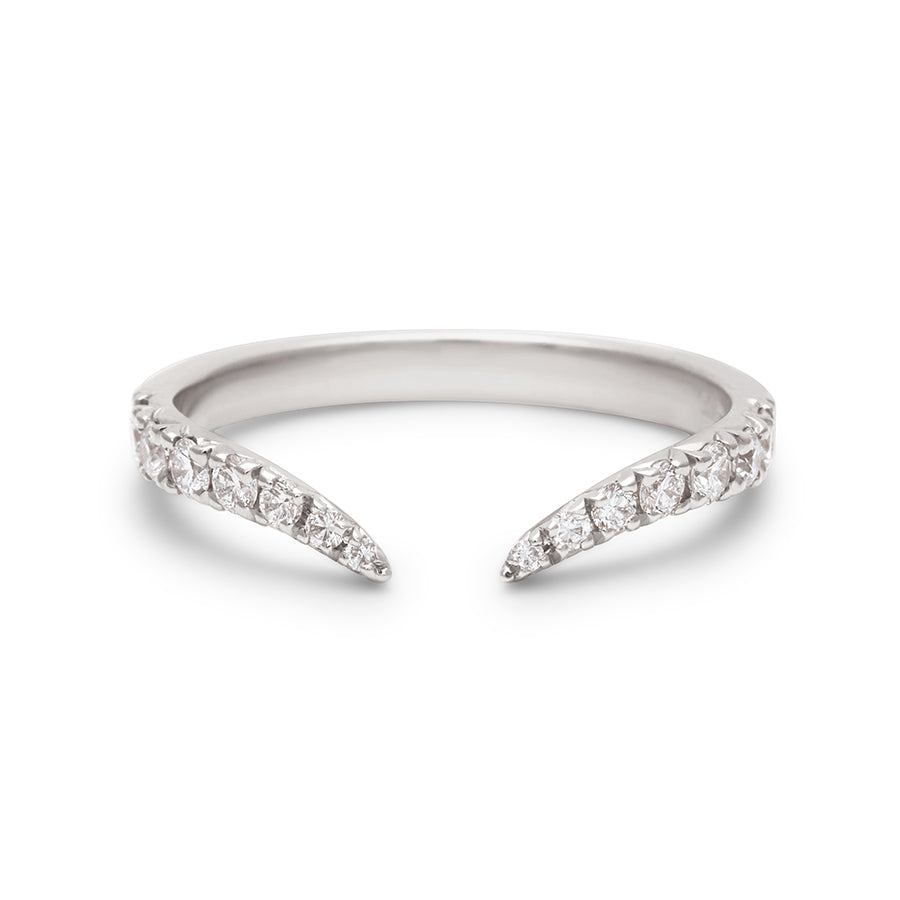 A white diamond dusted chrysalis shaped band with an open section in the front set in white gold., White Gold