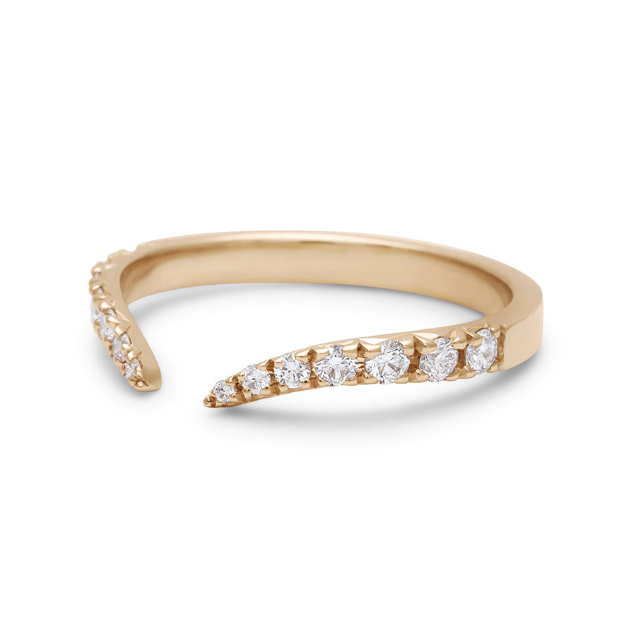 Angled view of a white diamond dusted chrysalis shaped band with an open section in the front set in yellow gold., Yellow Gold
