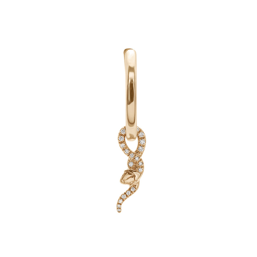 A single hoop earring with a serpent charm at the bottom with white diamond pave set in yellow gold.