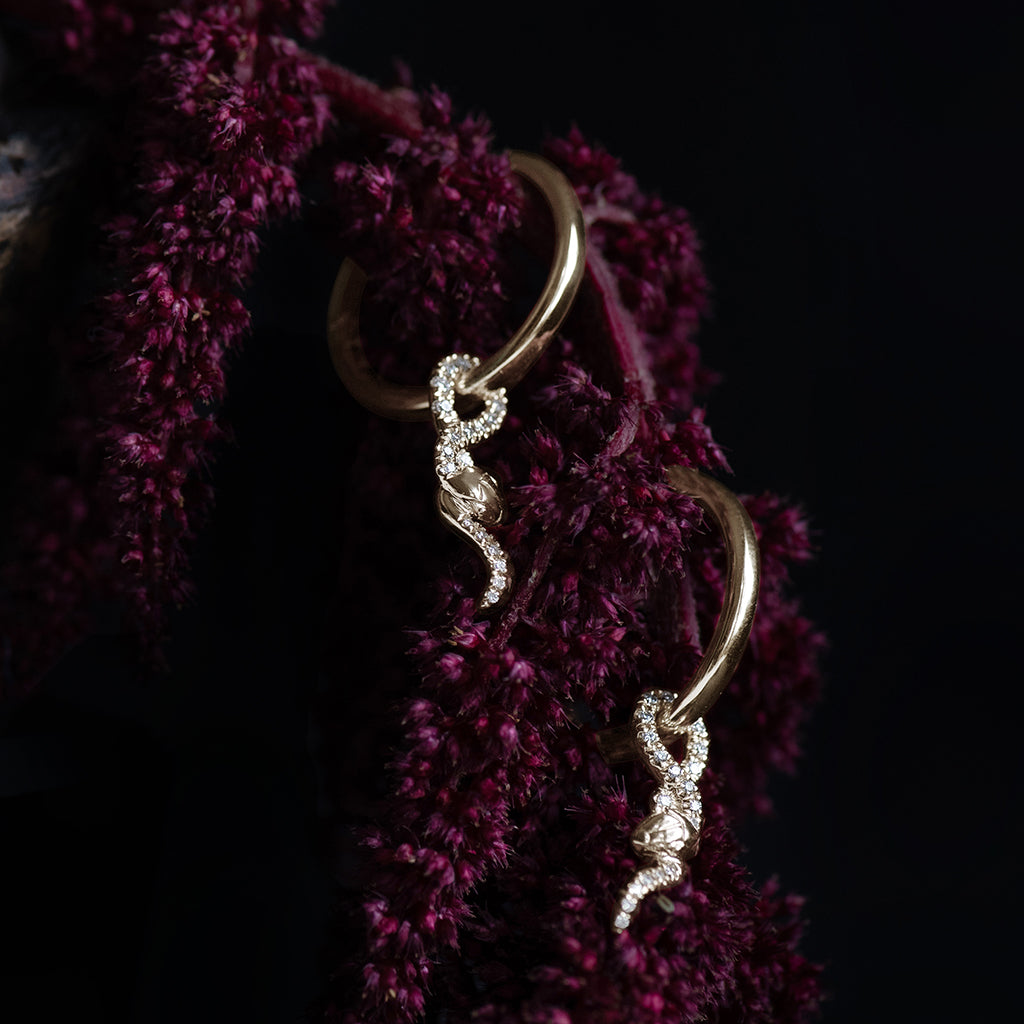 Pave Coiled Serpent Hoop Earrings - Yellow Gold & White Diamonds