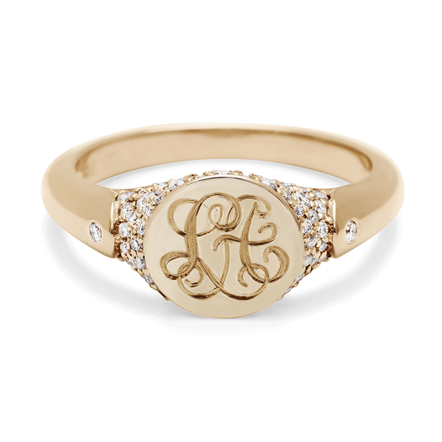 interlocking monogram signet ring in 14k gold with pave.