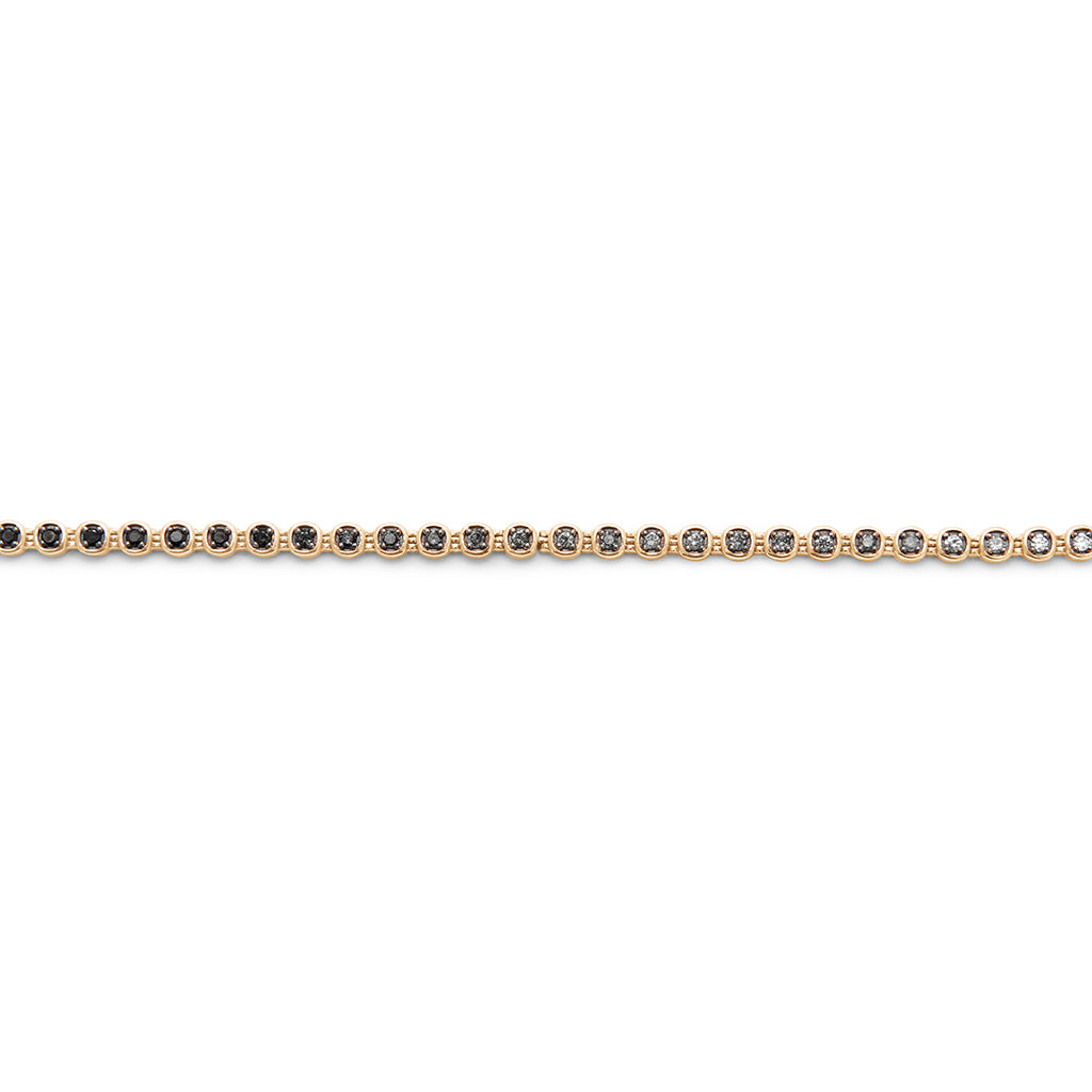 A straight line view of a bracelet with grey, white and black diamonds set in eternity with rhodium set in yellow gold.