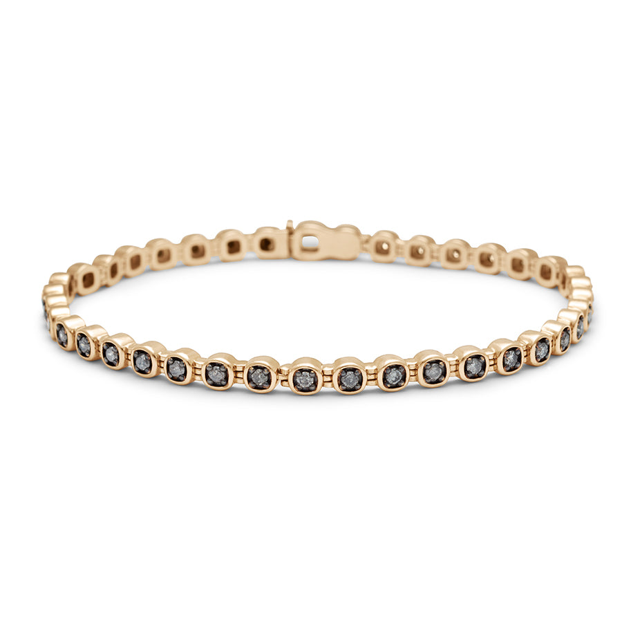 A line bracelet with grey, white and black diamonds set in eternity with rhodium set in yellow gold.