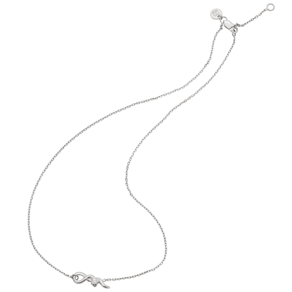 Zoomed out view of a choker with a medium serpent pendant with a sterling silver chain.