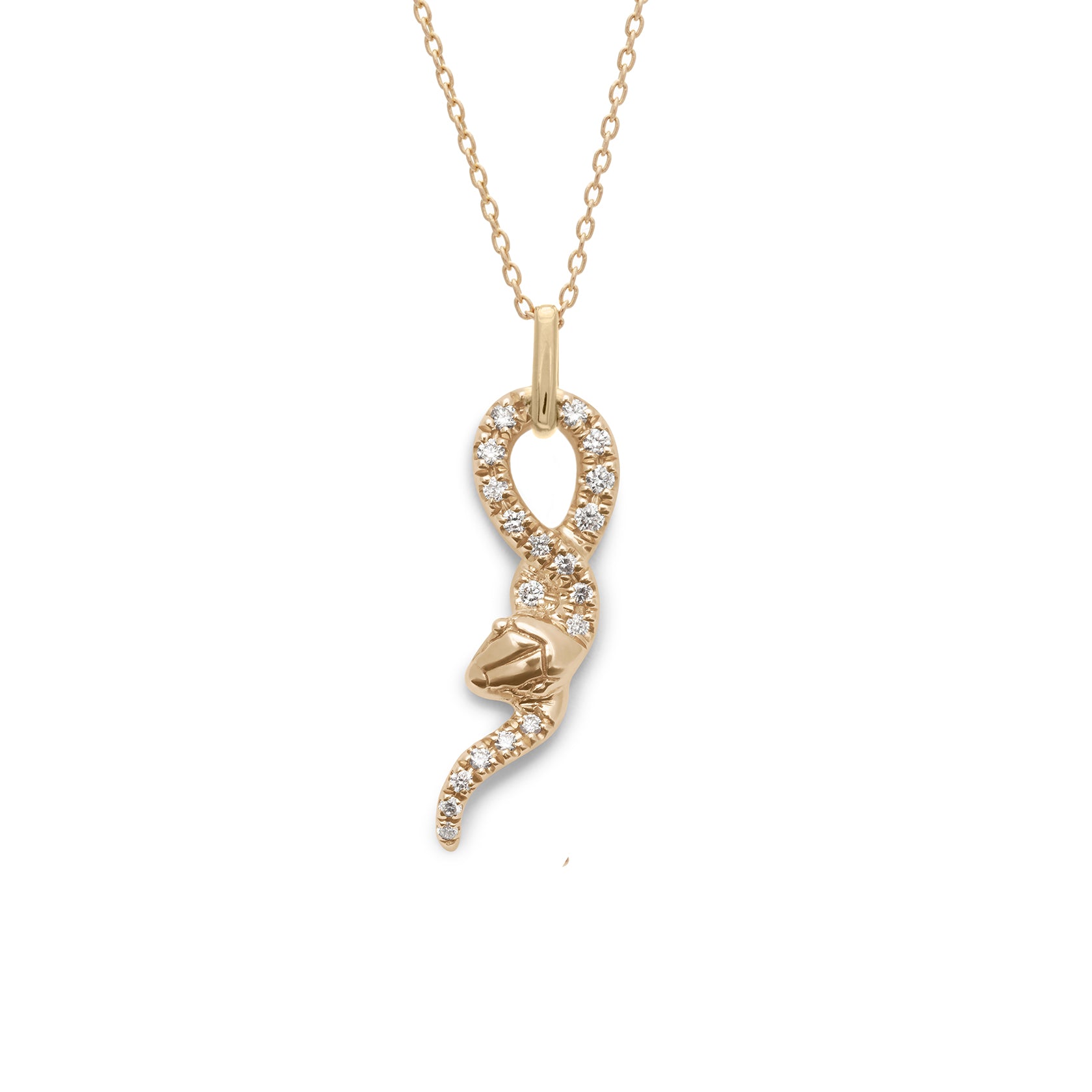 A medium serpent pendant in yellow gold with white diamond pave on the charm on a yellow gold chain., With Diamonds