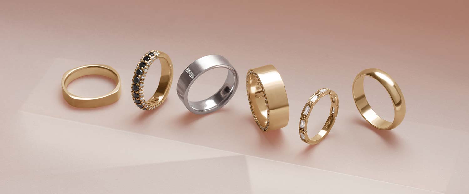 Men's and gender neutral wedding bands on anna sheffield's handmade objects dish
