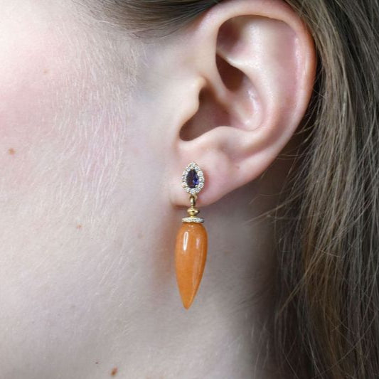 An aventurine iolite drop earring set with white diamond pave in yellow gold. 