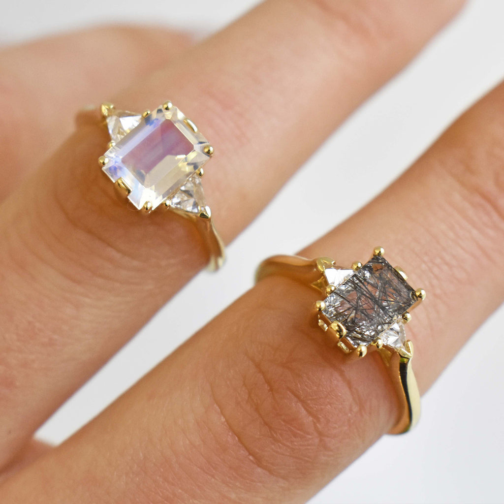 Bea Three stone in Yellow Gold, Rose Gold, or White Gold in rainbow moonstone or black rutilated quartz