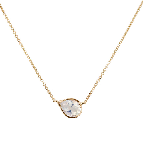 Zoomed in view of a necklace with a pear pendant with a rainbow moonstone set in yellow gold with a yellow gold chain.