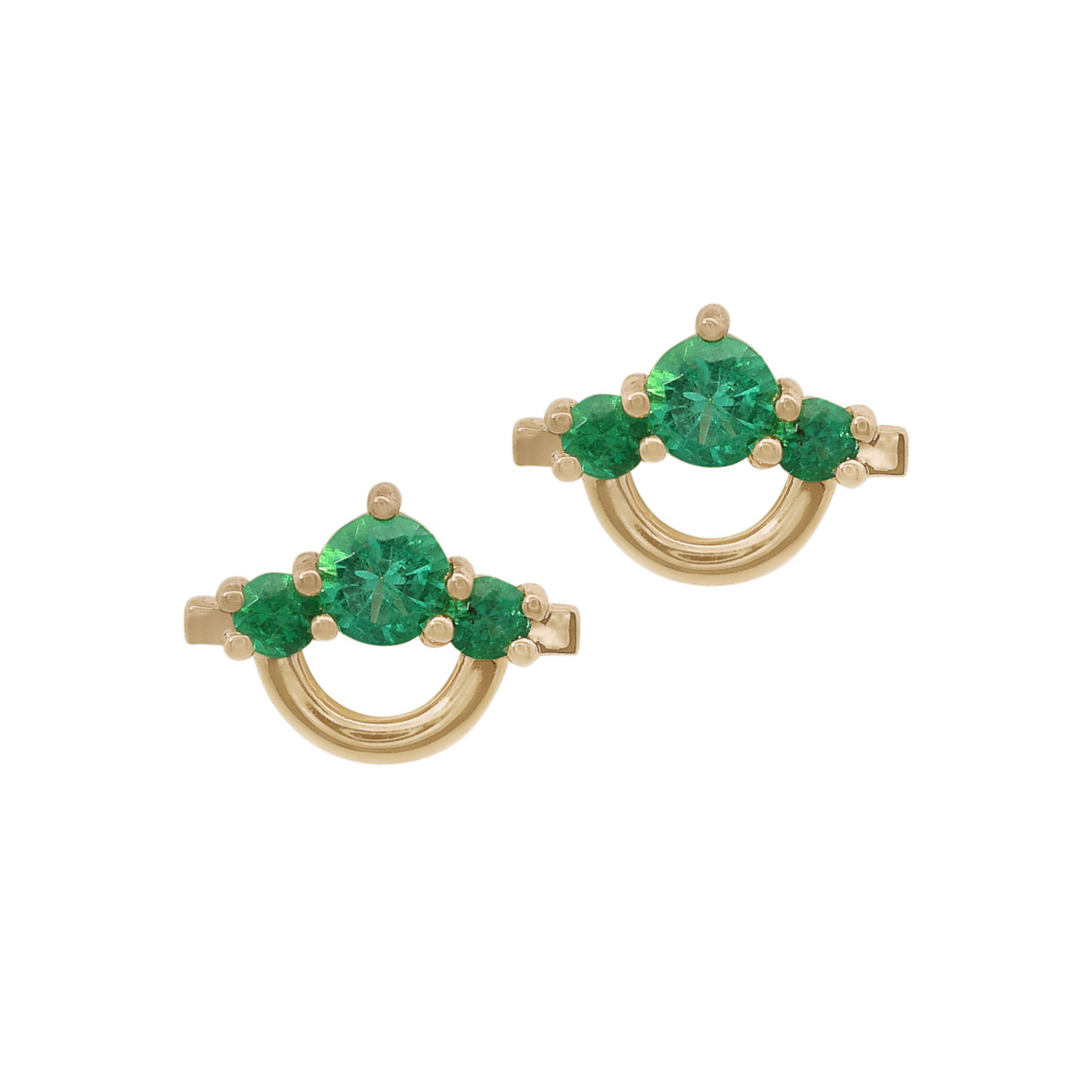 Gold stud earrings with three round green emeralds on a white 