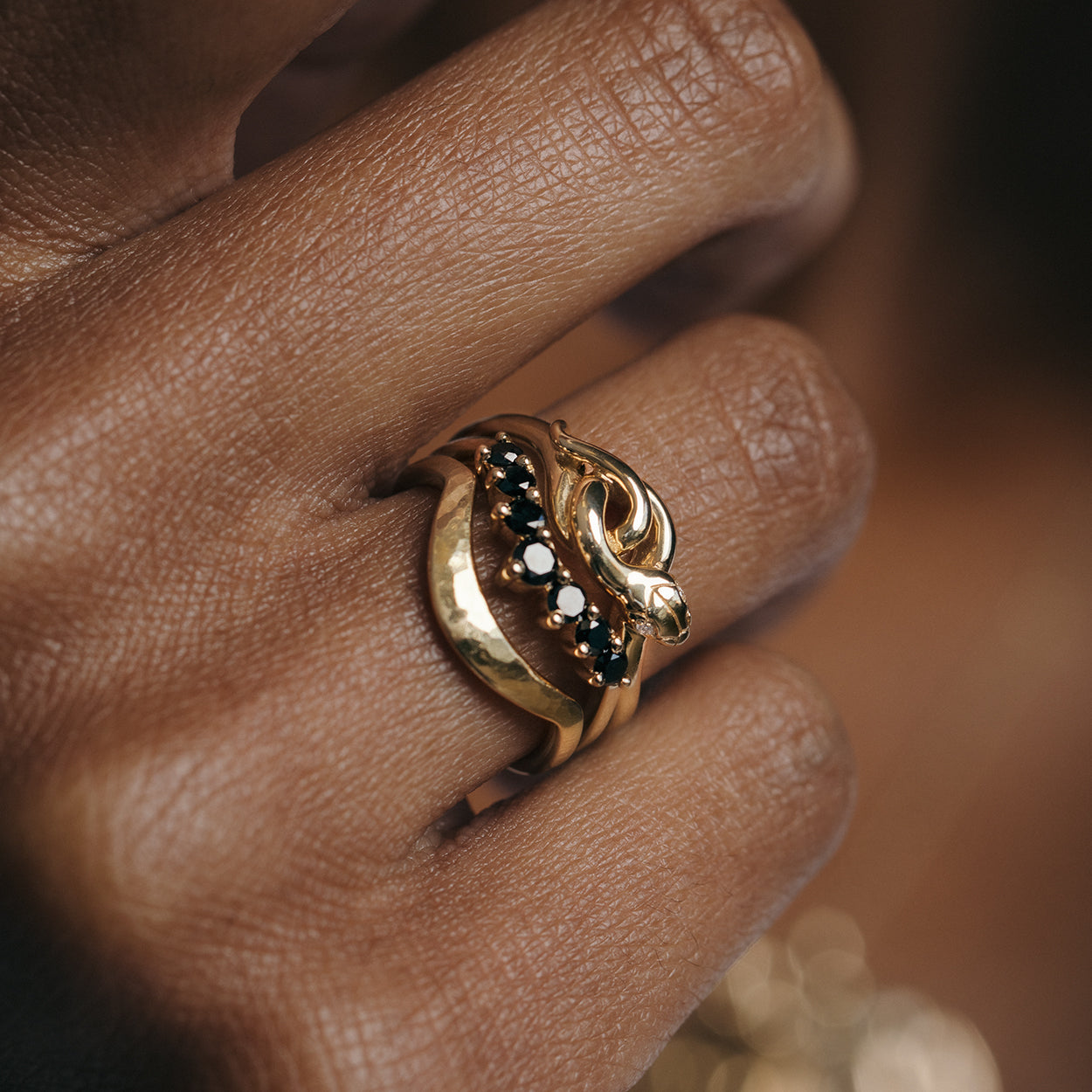 Stack of rings by anna sheffield in Yellow Gold, Rose Gold, White Gold featuring nesting bands and serpent ring