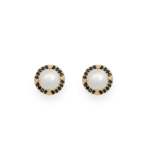Pair of pearl stud earrings with a black diamond halo set in yellow gold on a white background