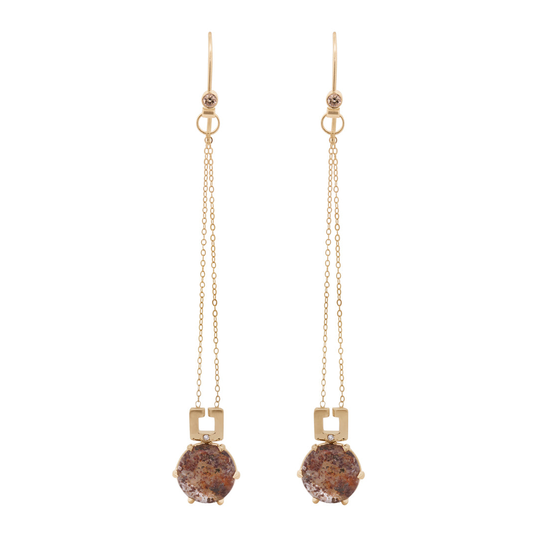  A pair of gold drop earrings featuring a round cabochon quartz with different red and brown tones on a white background