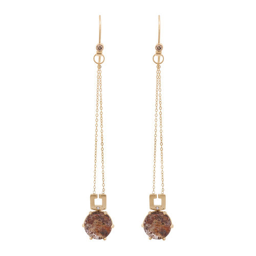  A pair of gold drop earrings featuring a round cabochon quartz with different red and brown tones on a white background