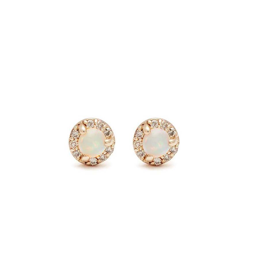 A pair of tiny opal center stone earrings with a halo of champagne diamond set in yellow gold., Yellow Gold