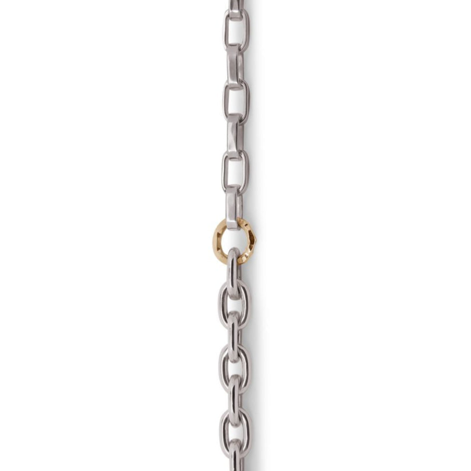 Metallic chain with a gold and silver link on a white background