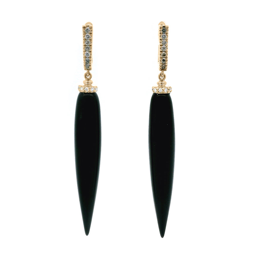 A pair of U hoop earrings with pointy drop onyx stones with a white diamond halo at the component that attaches the stone to the top and grey diamond pave in the hoop set in yellow gold. diamond