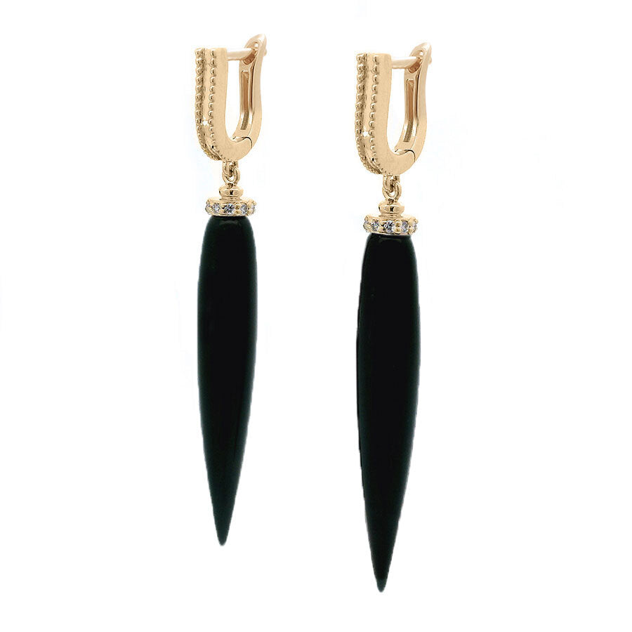 A pair of U hoop earrings with pointy drop onyx stones with a grey diamond halo at the component that attaches the stone set in yellow gold. 