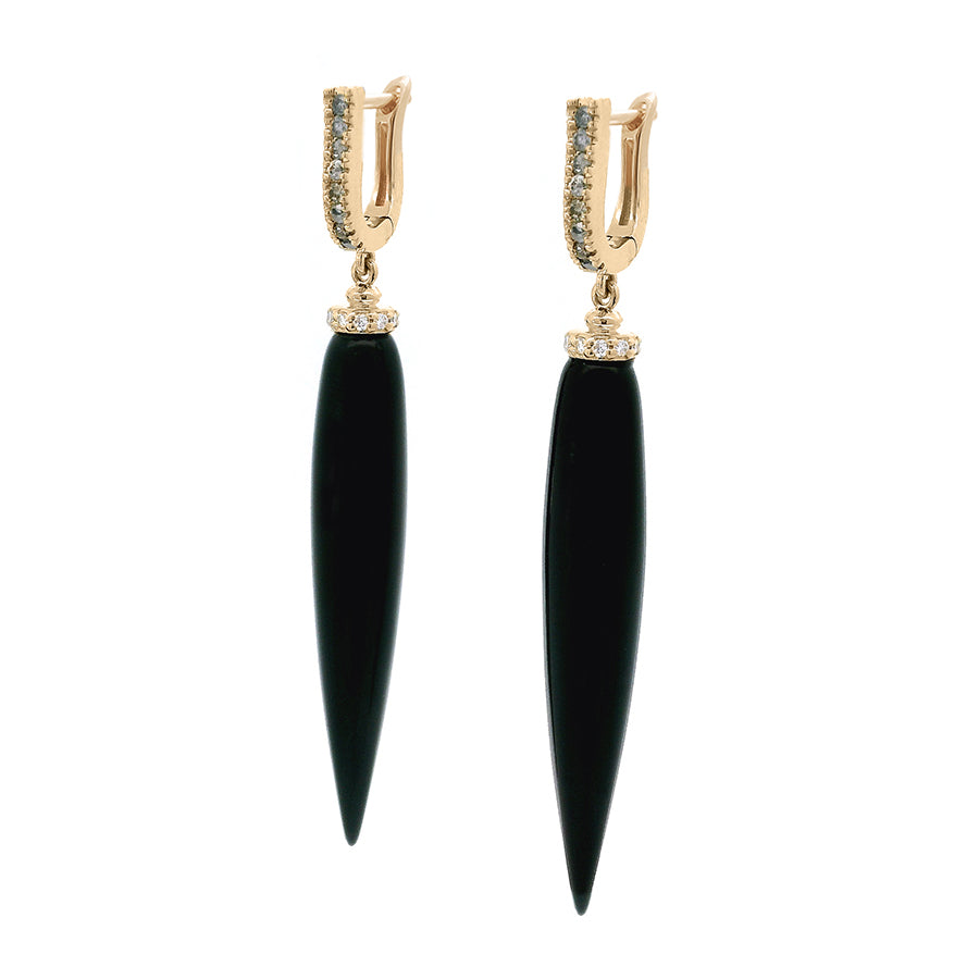 Angled view of a pair of U hoop earrings with pointy drop onyx stones with a white diamond halo at the component that attaches the stone to the top and grey diamond pave in the hoop set in yellow gold.