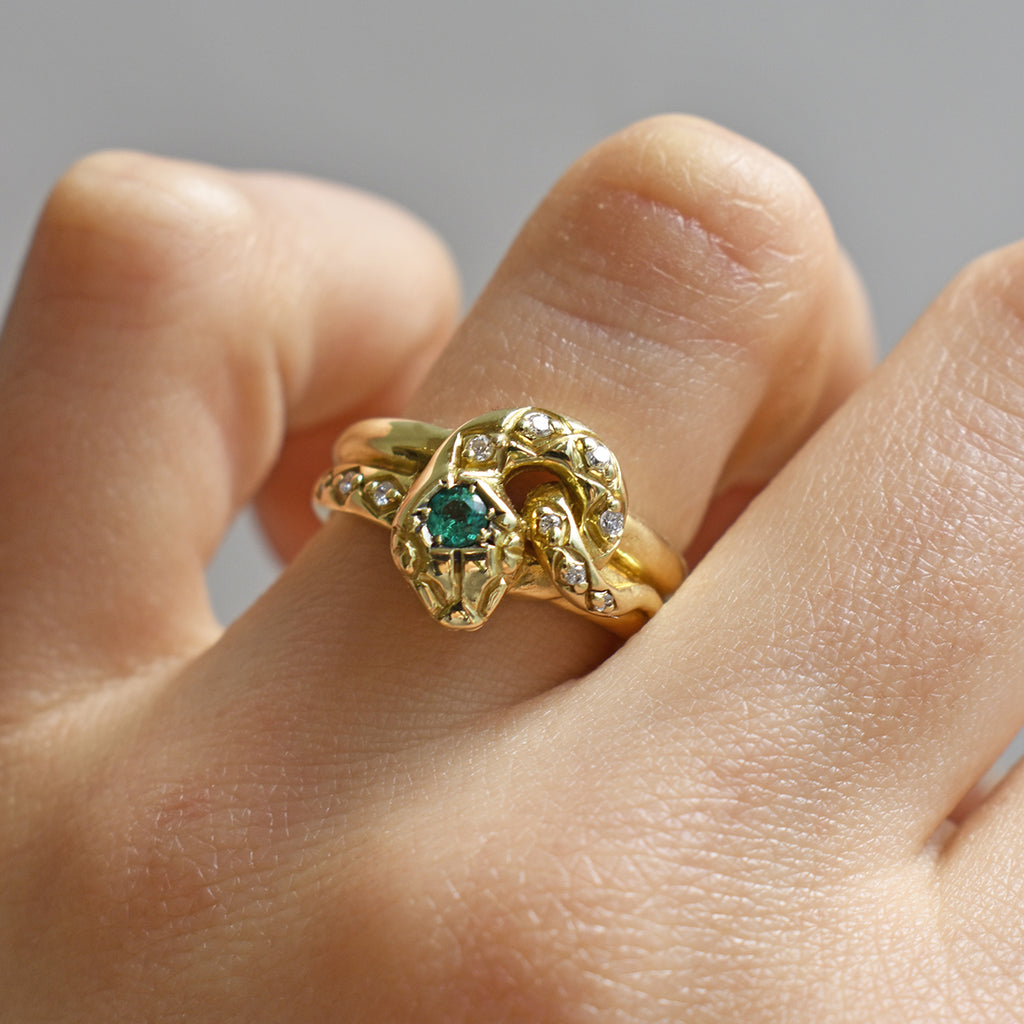 Serpent ring by Anna Sheffield with emeralds in Yellow Gold, Rose Gold, or White Gold