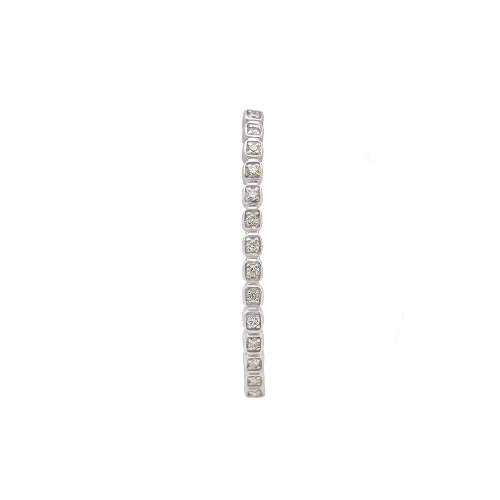 A single grey diamond dusted curve earring set in white gold., White Gold