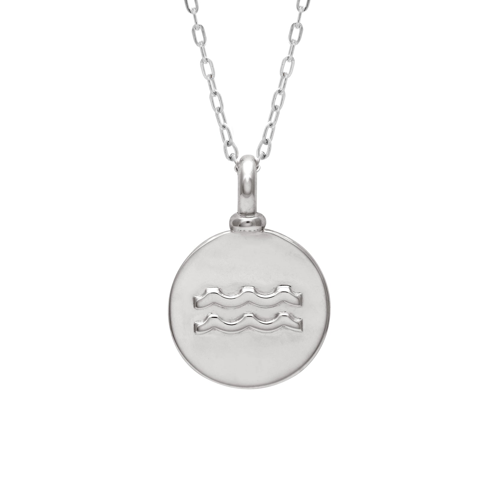 A 14mm charm with the Aquarius zodiac sign set in sterling silver on a sterling silver chain.