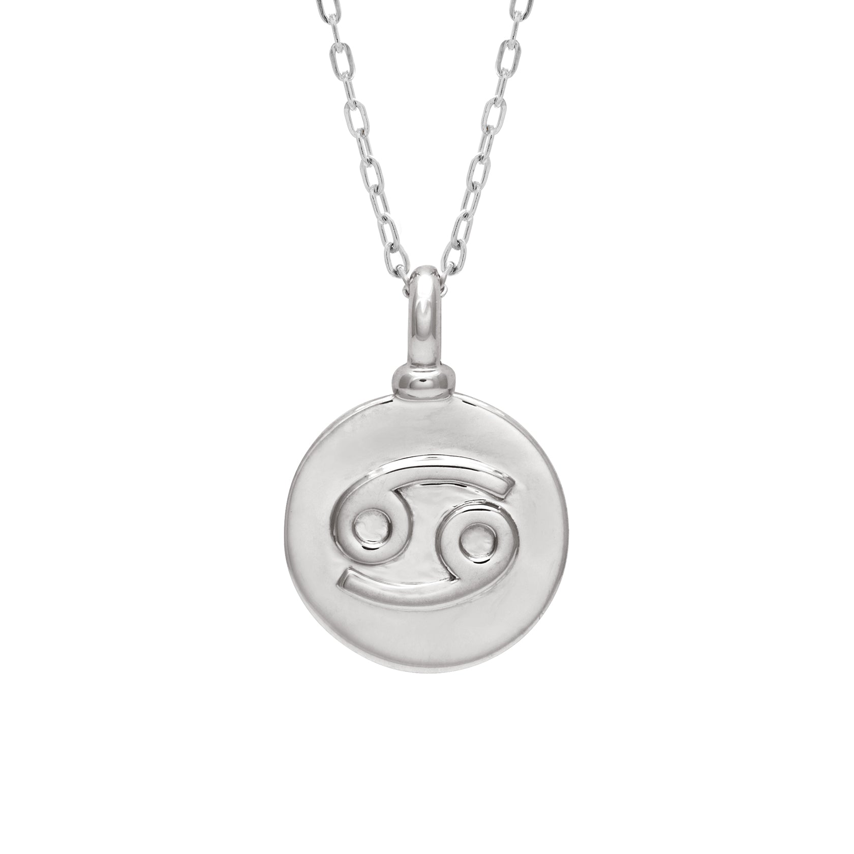 A 14mm charm with the Cancer zodiac sign set in sterling silver on a sterling silver chain.