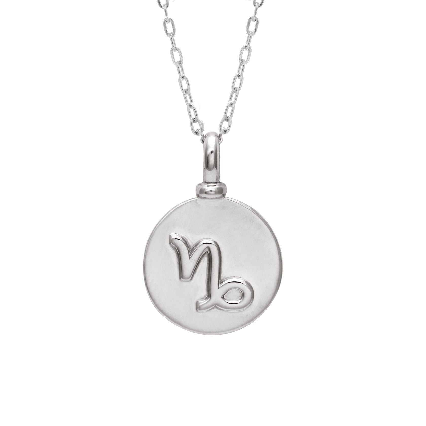 A 14mm charm with the Capricorn zodiac sign set in sterling silver on a sterling silver chain.