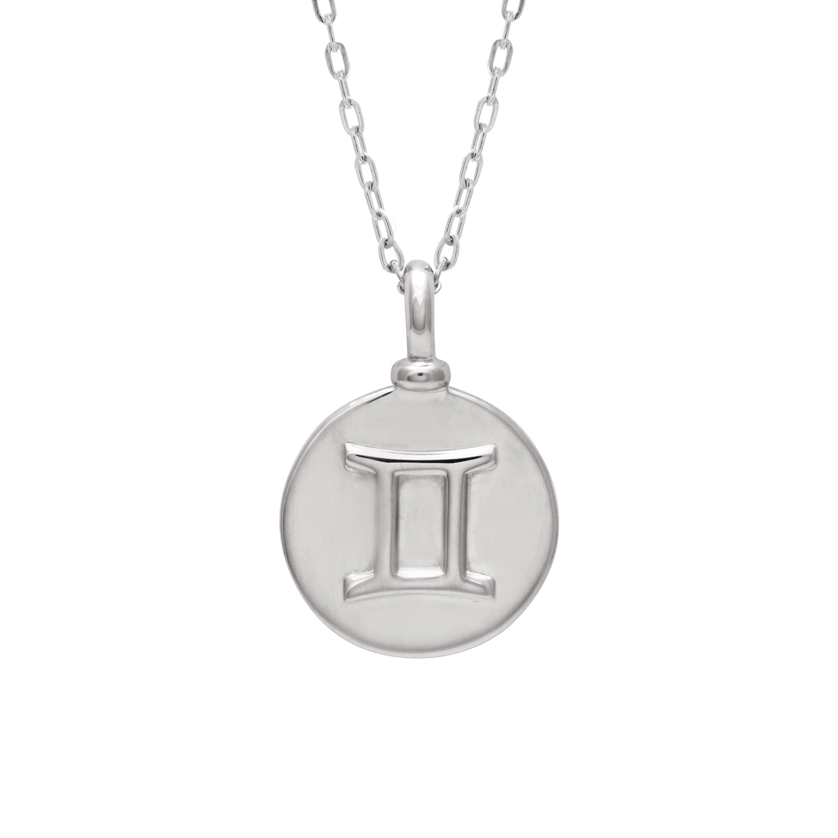 A 14mm charm with the Gemini zodiac sign set in sterling silver on a sterling silver chain.