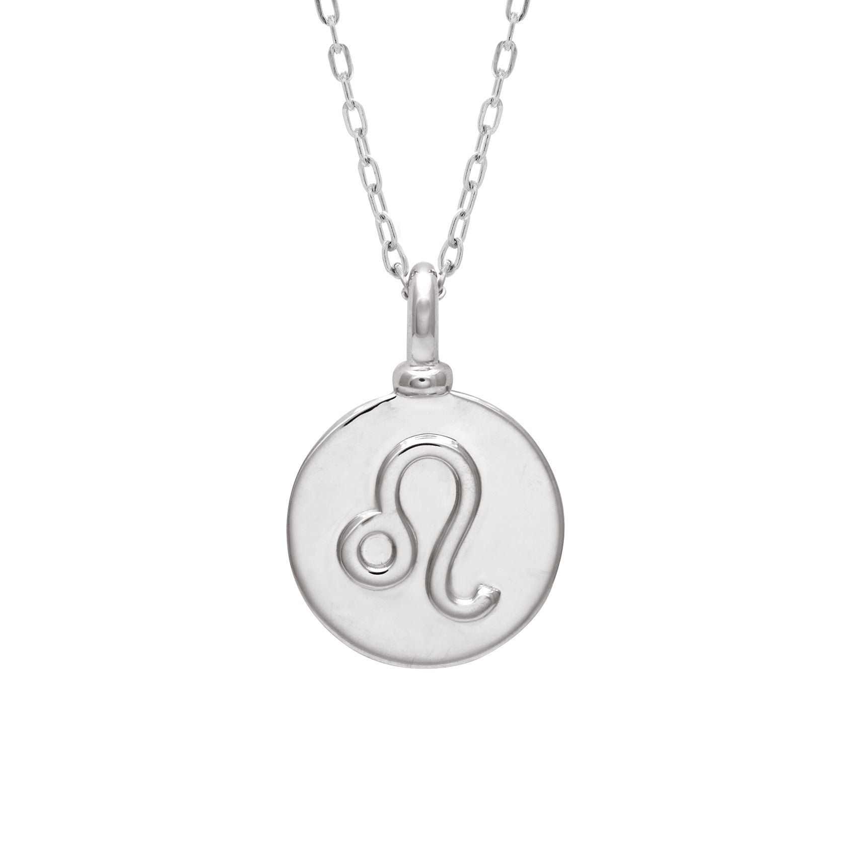 A 14mm charm with the Leo zodiac sign set in sterling silver on a sterling silver chain.