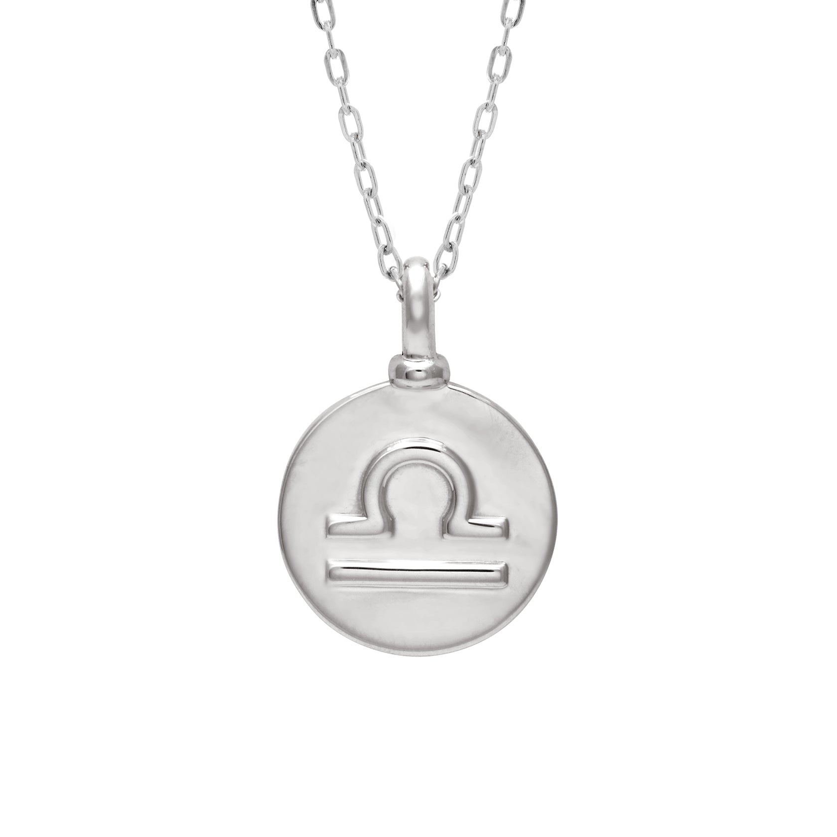 A 14mm charm with the Libra zodiac sign set in sterling silver on a sterling silver chain.