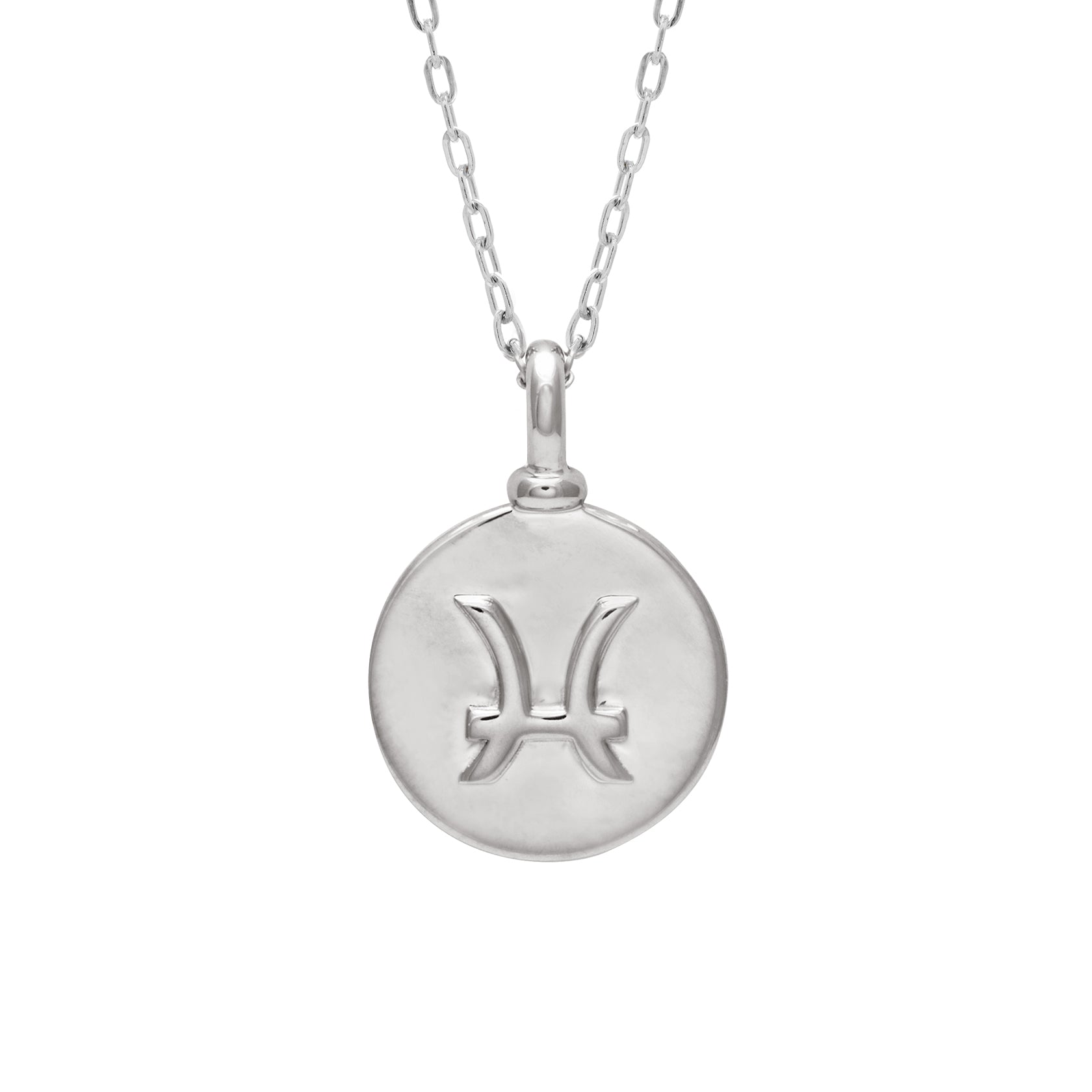 A 14mm charm with the Pisces zodiac sign set in sterling silver on a sterling silver chain.