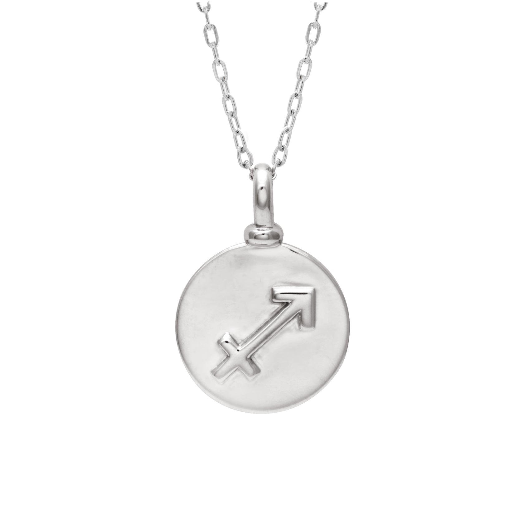 A 14mm charm with the Sagittarius zodiac sign set in sterling silver on a sterling silver chain.