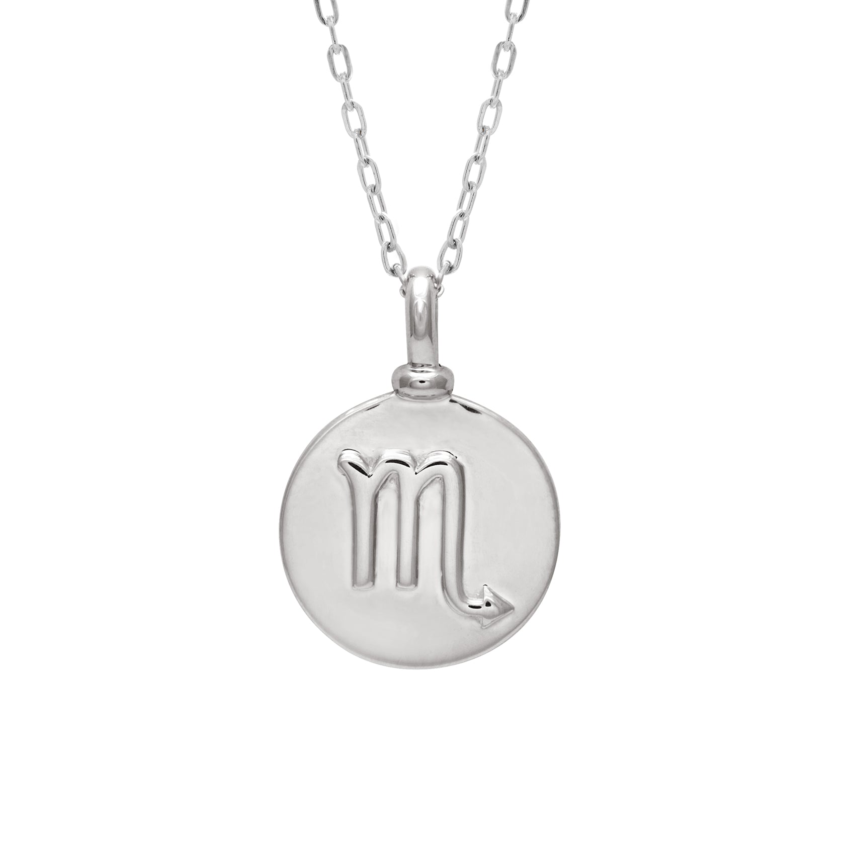 A 14mm charm with the Scorpio zodiac sign set in sterling silver on a sterling silver chain.
