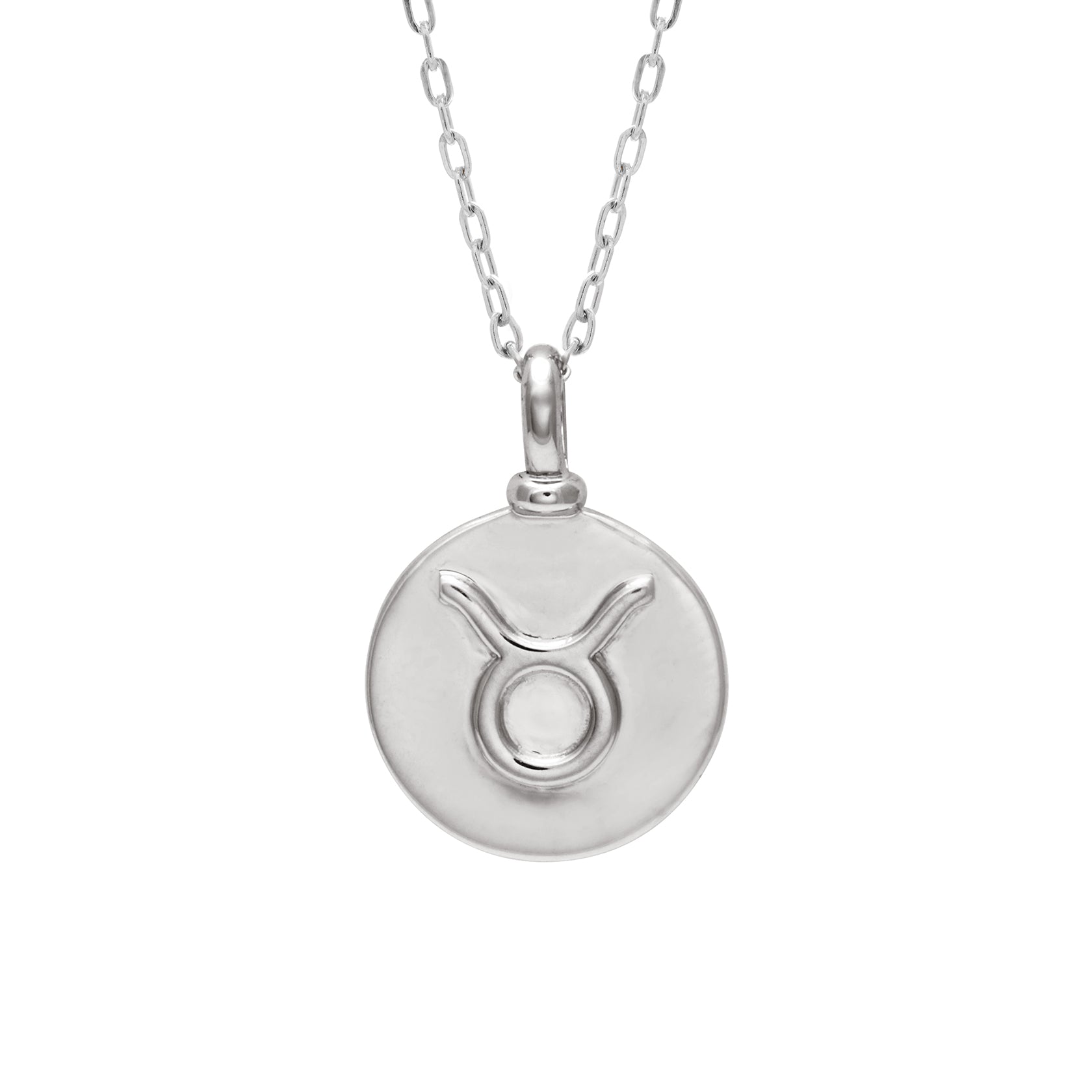 A 14mm charm with the Taurus zodiac sign set in sterling silver on a sterling silver chain.
