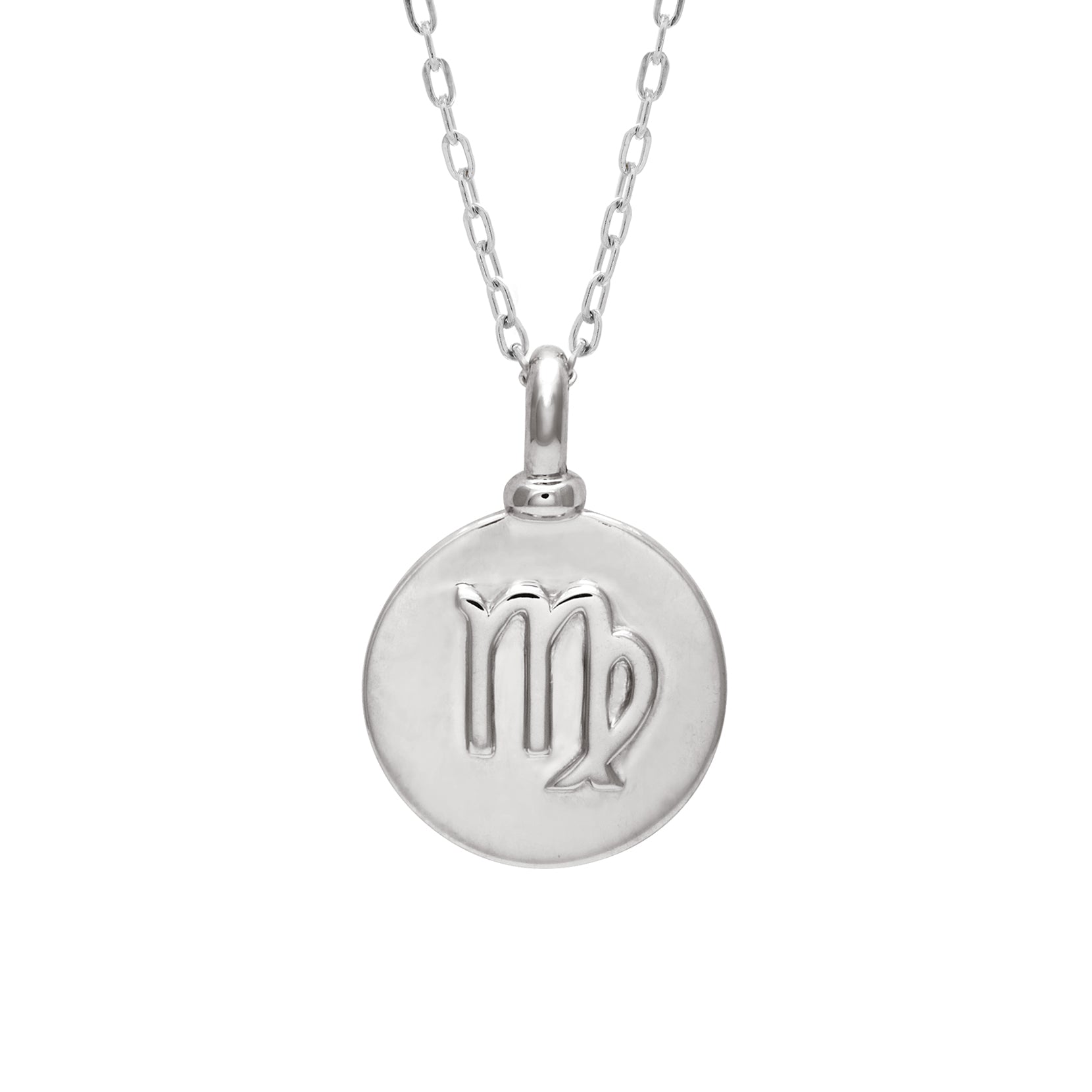 A 14mm charm with the Virgo zodiac sign set in sterling silver on a sterling silver chain.