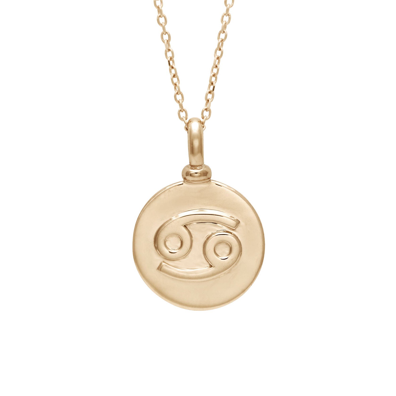 A 14mm charm with the Cancer zodiac sign set in yellow gold on a yellow gold chain.