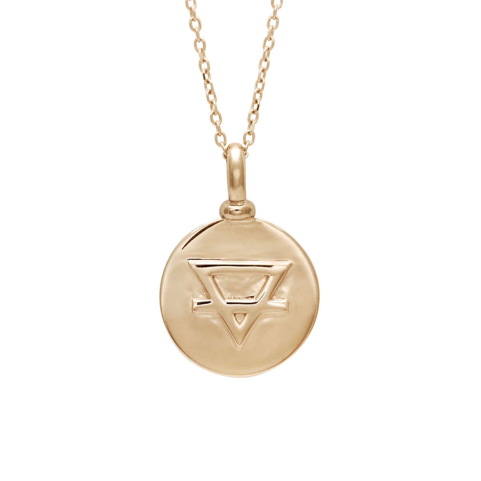 A 14mm charm with the Earth element sign set in yellow gold on a yellow gold chain.