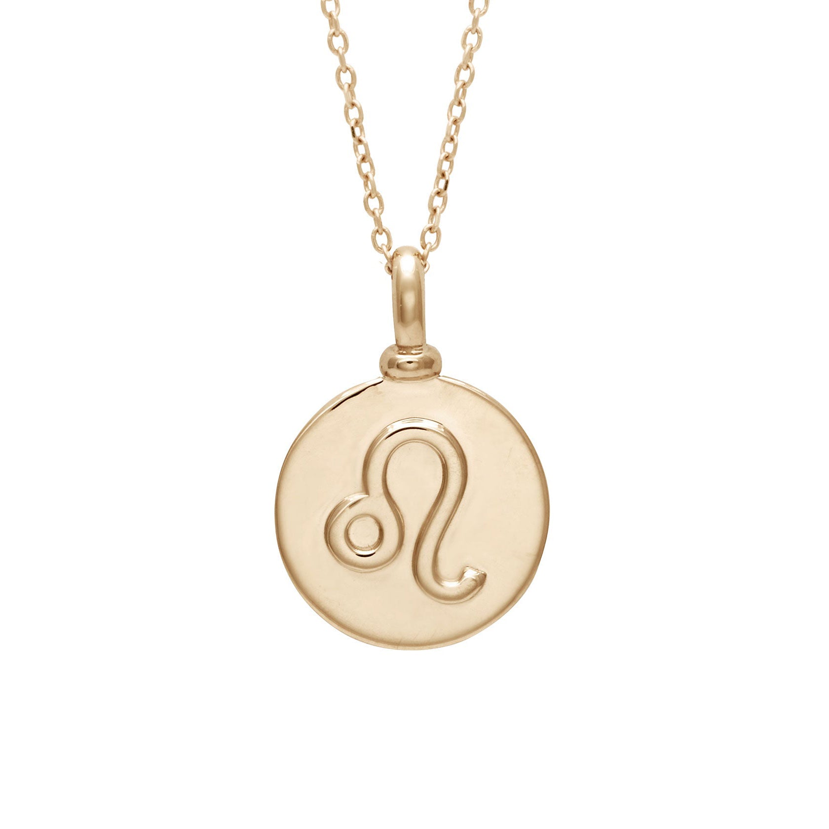 A 14mm charm with the Leo zodiac sign set in yellow gold on a yellow gold chain.