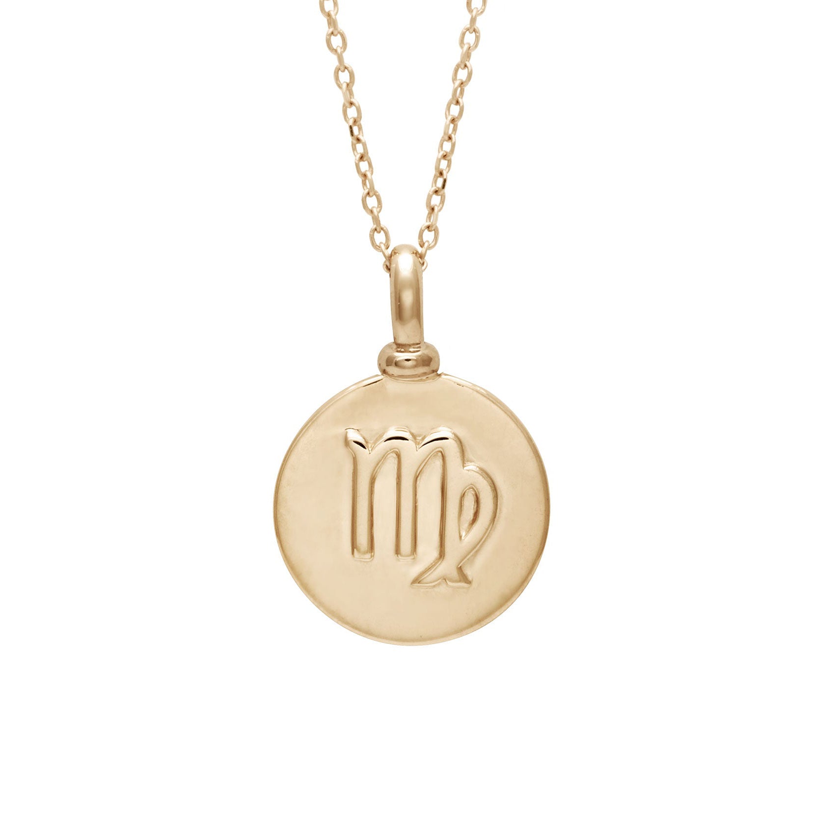 A 14mm charm with the Virgo zodiac sign set in yellow gold on a yellow gold chain.