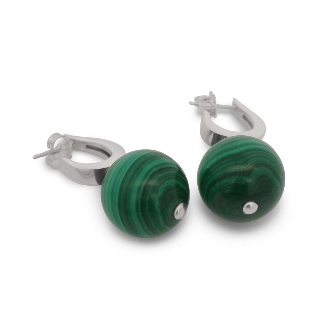 Sterling silver earrings featuring 14mm malachite beads on a white background