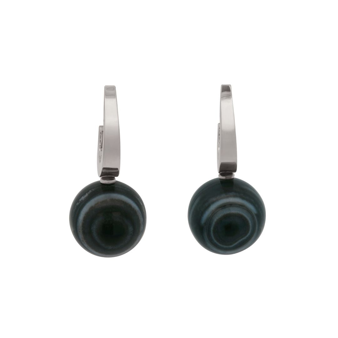 Sterling silver earrings featuring 14mm black agate beads on a white background 