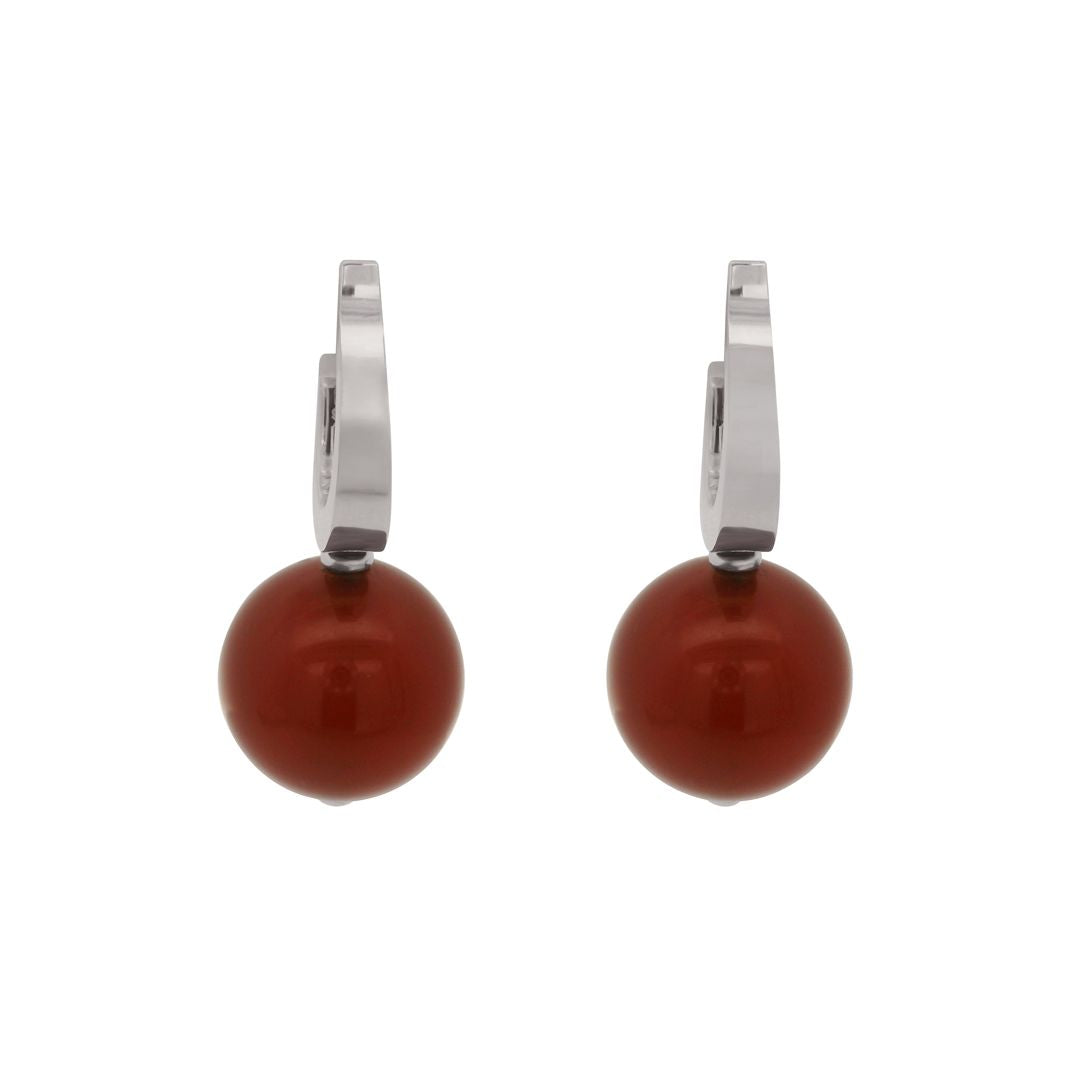 Sterling silver earrings featuring 14mm red carnelian beads on a white background 