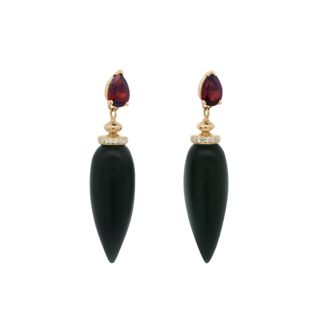 Luna Halo Pendulum Earrings - Yellow Gold, Black Onyx & Grey Diamonds