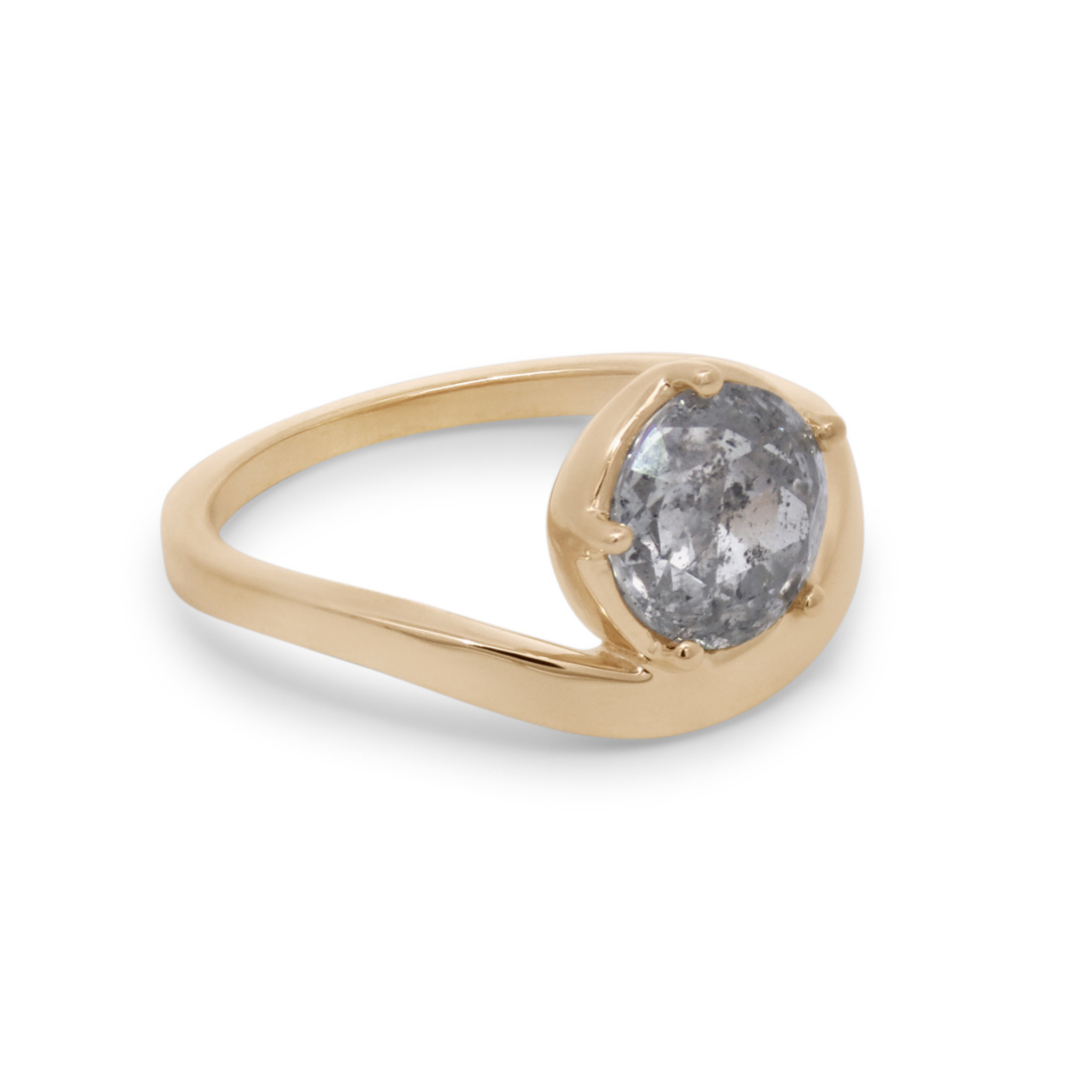 A yellow gold ring featuring a round grey diamond on a white background
